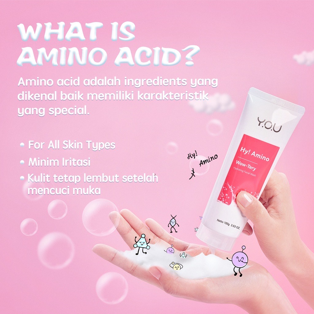 YOU Hy! Amino Series Indonesia / Glo-Win Brightening AC-Ttack Anti Acne Wow-Tery Hydrating Contr-Oil Oil Control Bye-Byeteria Anti Bacterial Low pH / Skincare Face Care Facial Wash Cleanser Cleansing Mousse / Pembersih Wajah Sabun Cuci Muka / Y.O.U Paket