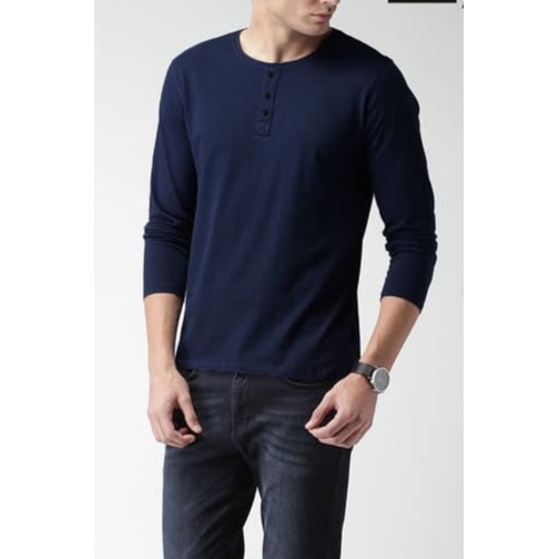 Baju Kaos Henley Berkancing LENGAN PANJANG - BIRU DONGKER