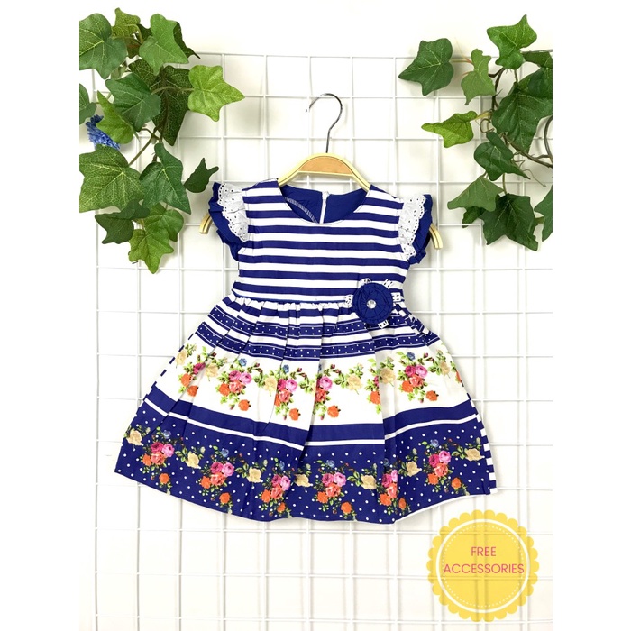 Dress Anak Perempuan NIkita Garis Kombinasi Floral Pita Tangan Brukat