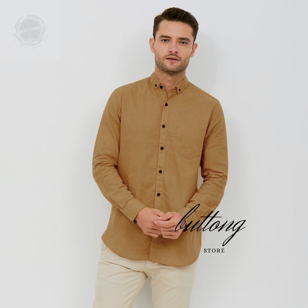 kemeja polos pria lengan panjang casual kantoran mocca coklat cream