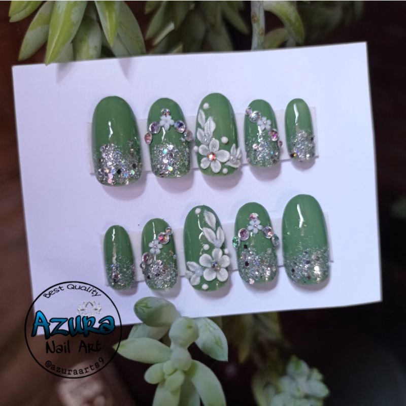 KUKU PALSU HIJAU SAGE / NAIL ART SAGE GREEN / AGEN KUPAL WEDDING HOMEMADE / Free Lem Gel