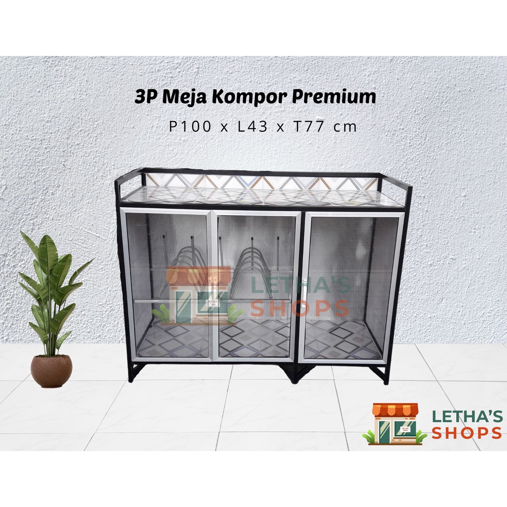 MEJA / RAK KOMPOR TIANG WARNA PREMIUM SAMPING & BAWAH KERAMIK 3 PINTU