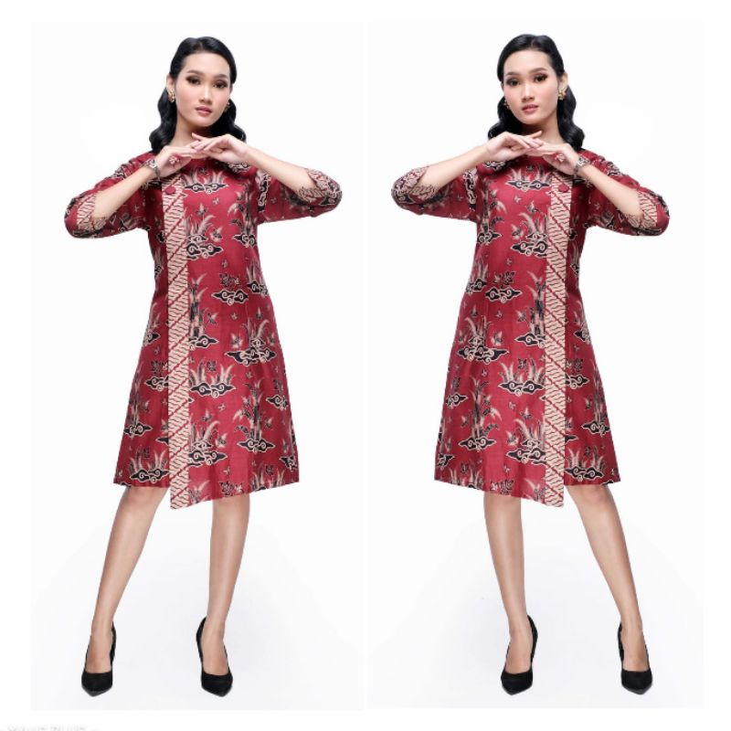 Dress Batik Modern Jumbo Tunik Big Size Lengan ¾ M L XL XXL 4L 5L Terusan Batik Seragam Kantor Wanita AMR