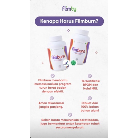 FLIMBURN by FLIMTY FIBER / FAT BURNER / 1 Botol isi 60 Tablet / Pil Diet Alami BPOM / Pembakar Lemak / Menahan Napsu Makan