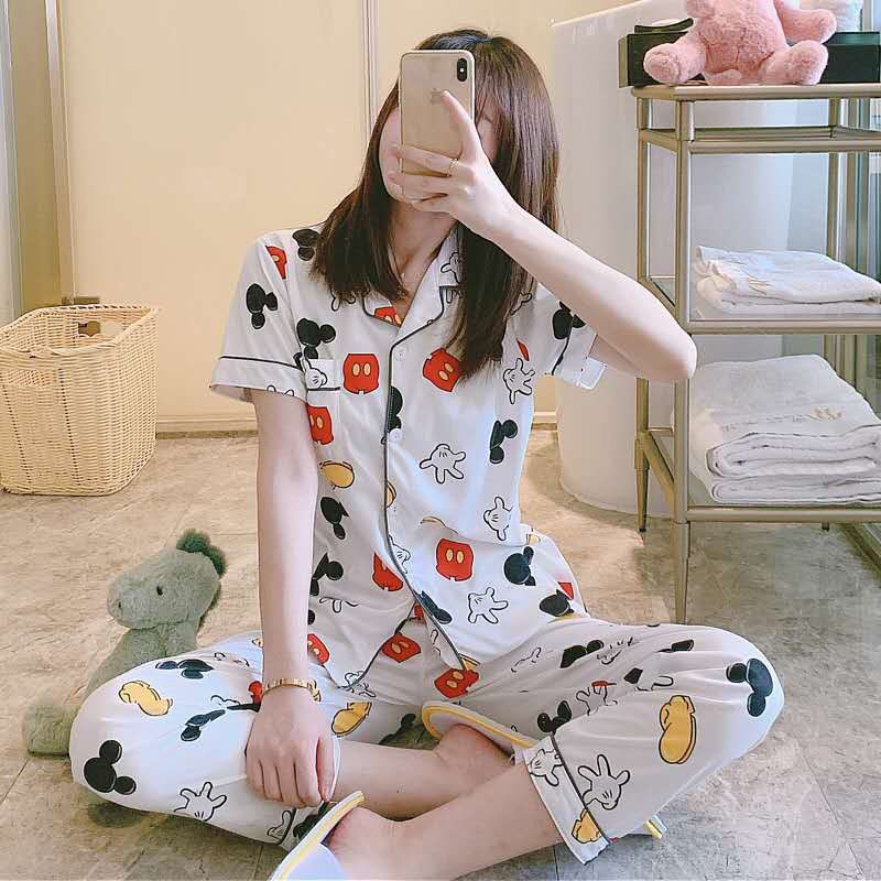 BAJU TIDUR PIYAMA SET KEMEJA CP LENGAN PENDEK CELANA PANJANG IMPORT PREMIUM BANYAK MOTIF PART 2-Mickey Mouse Putih