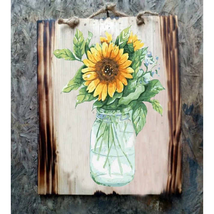 HIASAN DINDING LUKISAN KAYU KLASIK BUNGA MATAHARI JATIBELANDA BAKAR