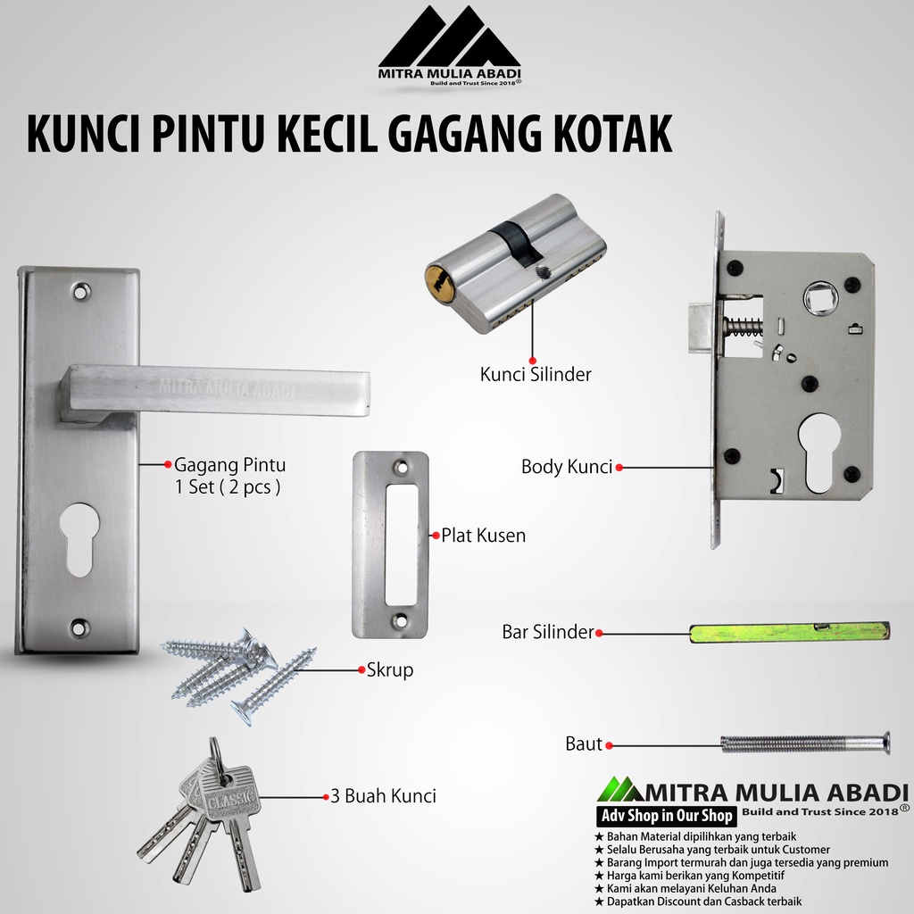 Kunci Pintu Silinder Kecil Premium / Gagang Pintu Rumah / Full Set