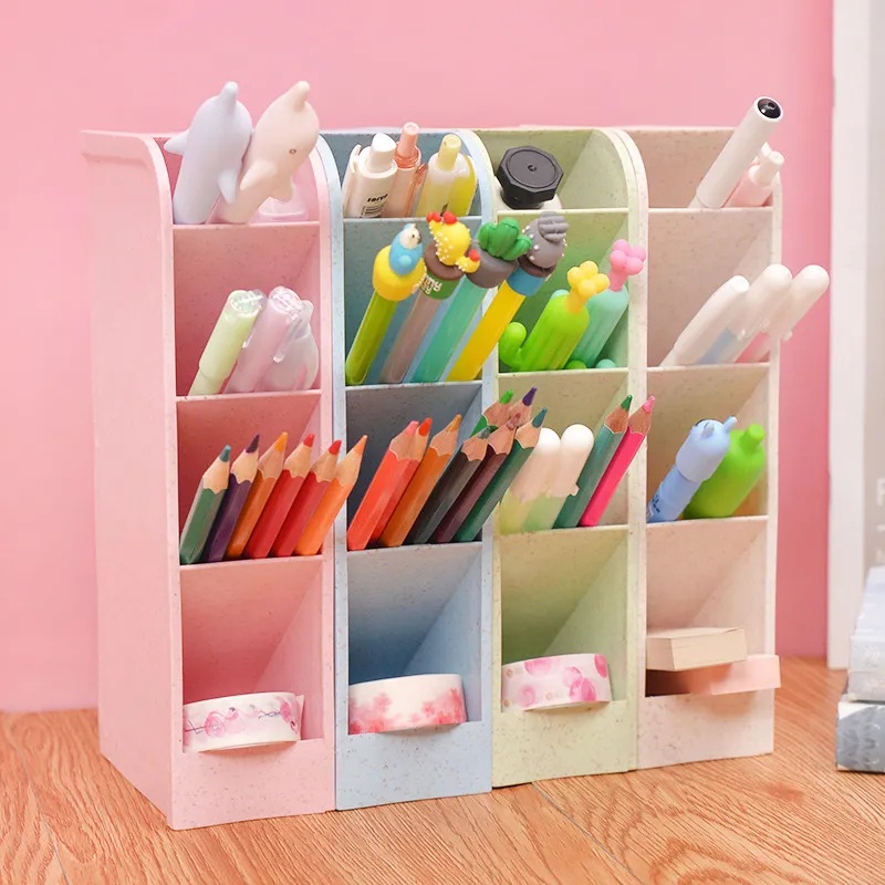 Ins Macaron Desktop Pens Brush Organizer / Student Stationery Holder Divider Organizer / School Supplies Storage Box