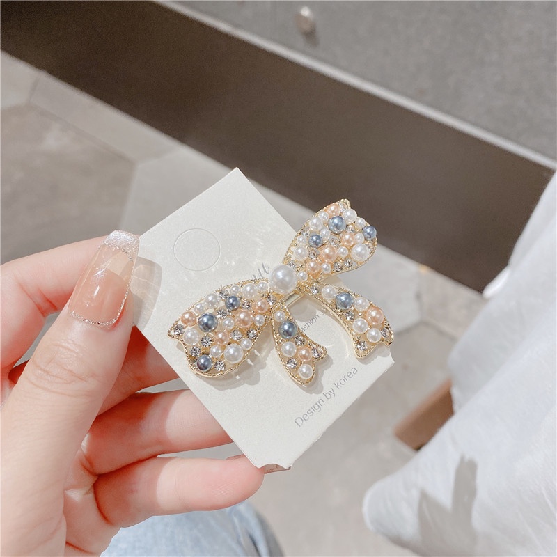 Jepit Rambut Bentuk Pita Aksen Mutiara Dan Berlian Imitasi Untuk Musim Panas