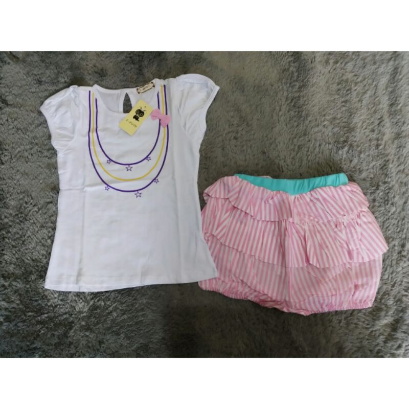 Setelan anak perempuan Ebuty 9-1 top + pants ruffle stripe pink