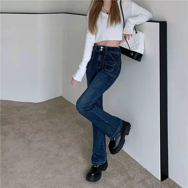 Red Skinny High Street Micro Flared Jeans Wanita Musim Gugur/Musim Dingin Retro Tinggi Pinggang Lurus Fit Denim Celana