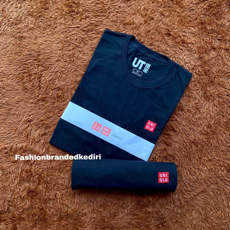 Kaos uniqlo pria polos motif logo bordir-Hitam