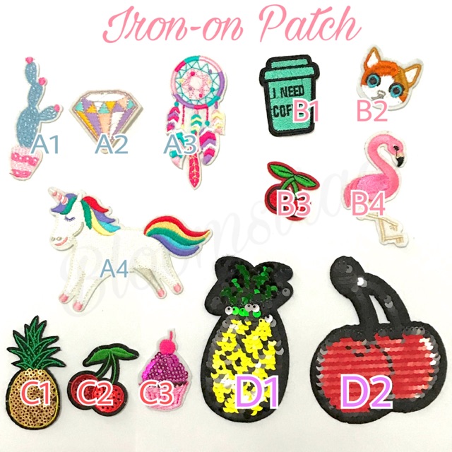 Patch bordir sequin cactus unicorn tropical cherry flaminggo coffee cat dino