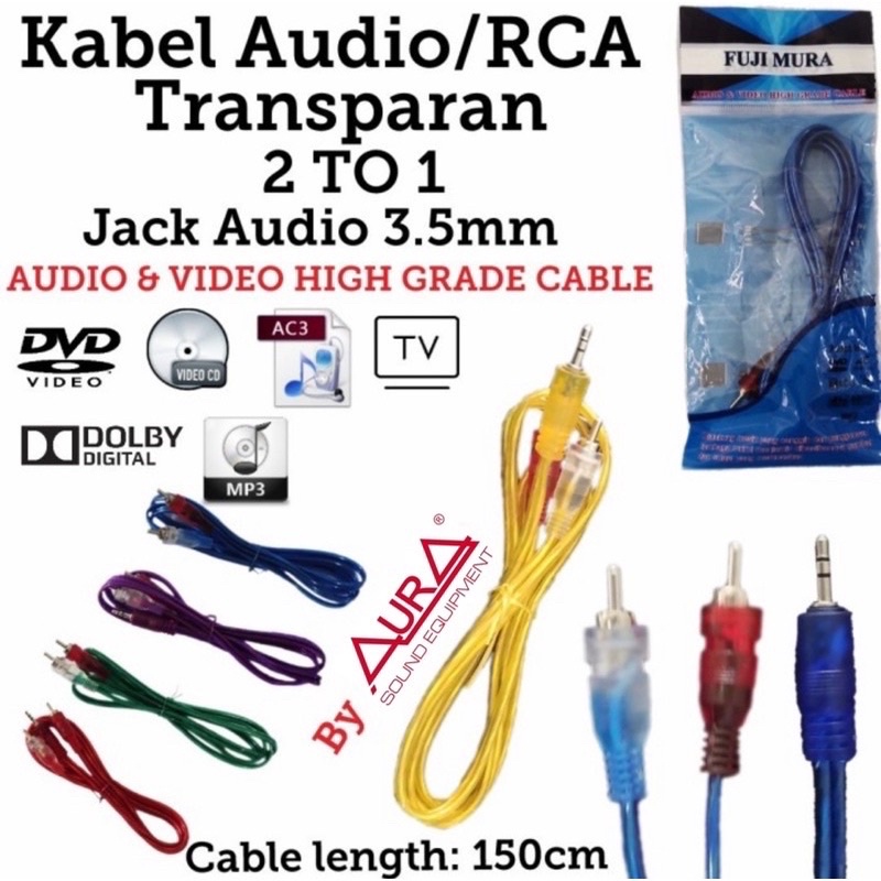 GROSIR KABEL AUX TRANSPARAN RCA 2X1 JACK AUDIO 2in1 150CM PRODUK ORIGINAL FUJI MURA