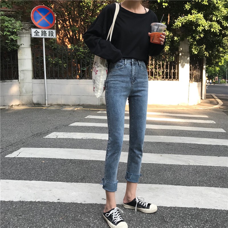 Celana Panjang Model High Waist Bahan Jeans Elastis Gaya Korea Untuk Wanita