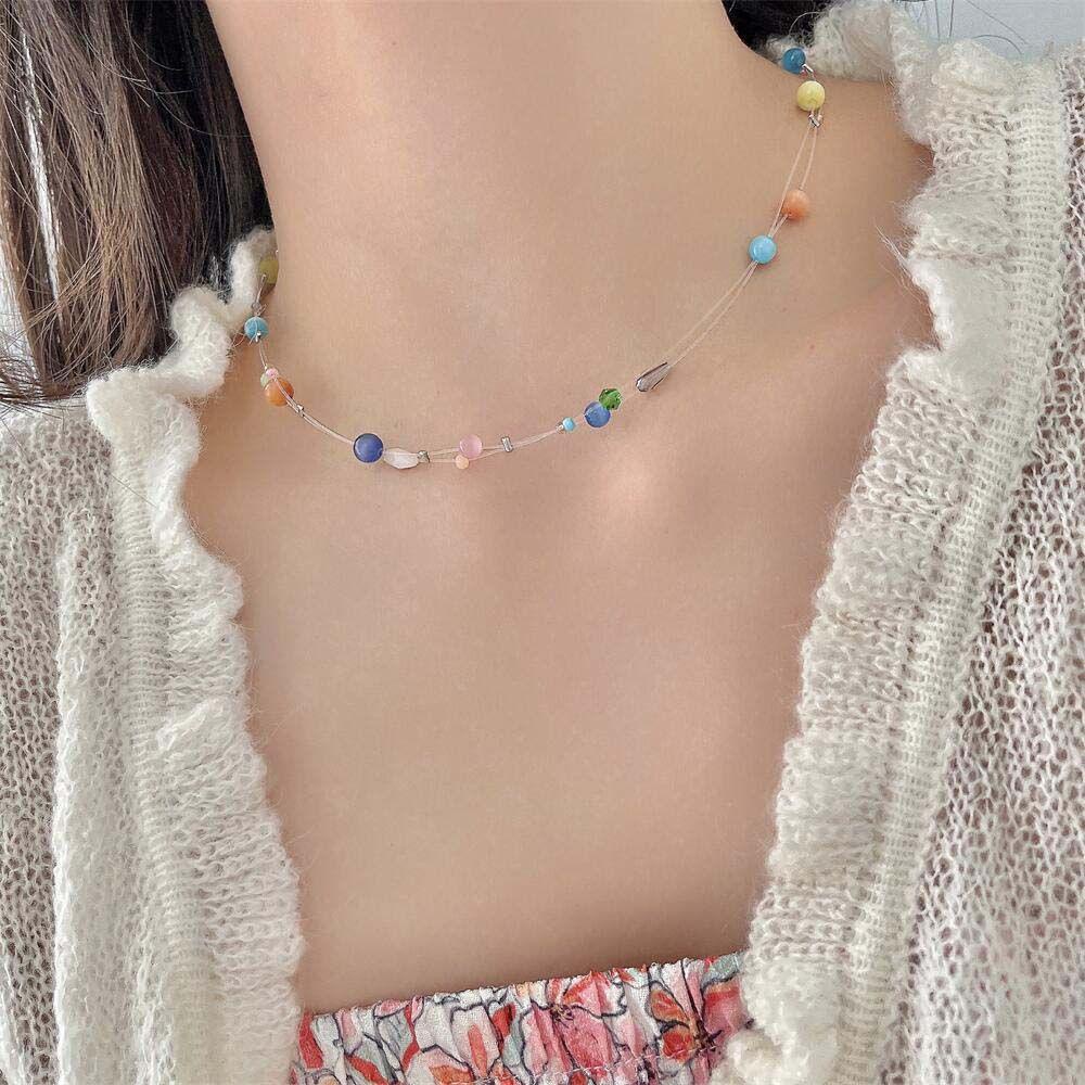 Mxbeauty Opal Kalung Kepribadian Geometris Rantai Transparan Minimalis Warna Manik-Manik Hadiah Pacar Kalung Gaya Korea Necklace