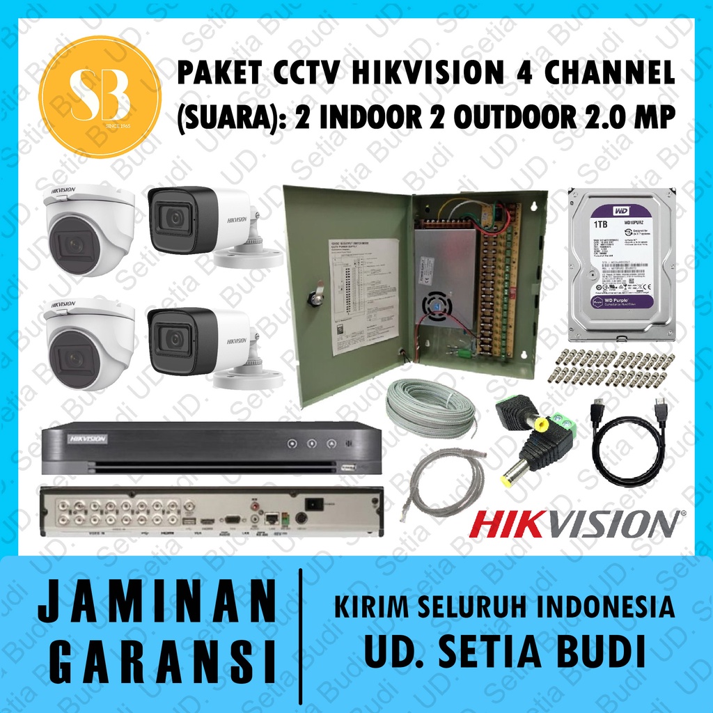 Paket FULL CCTV Hikvision 4 Channel (Suara): 2 Indoor 2 Outdoor 2.0 MP