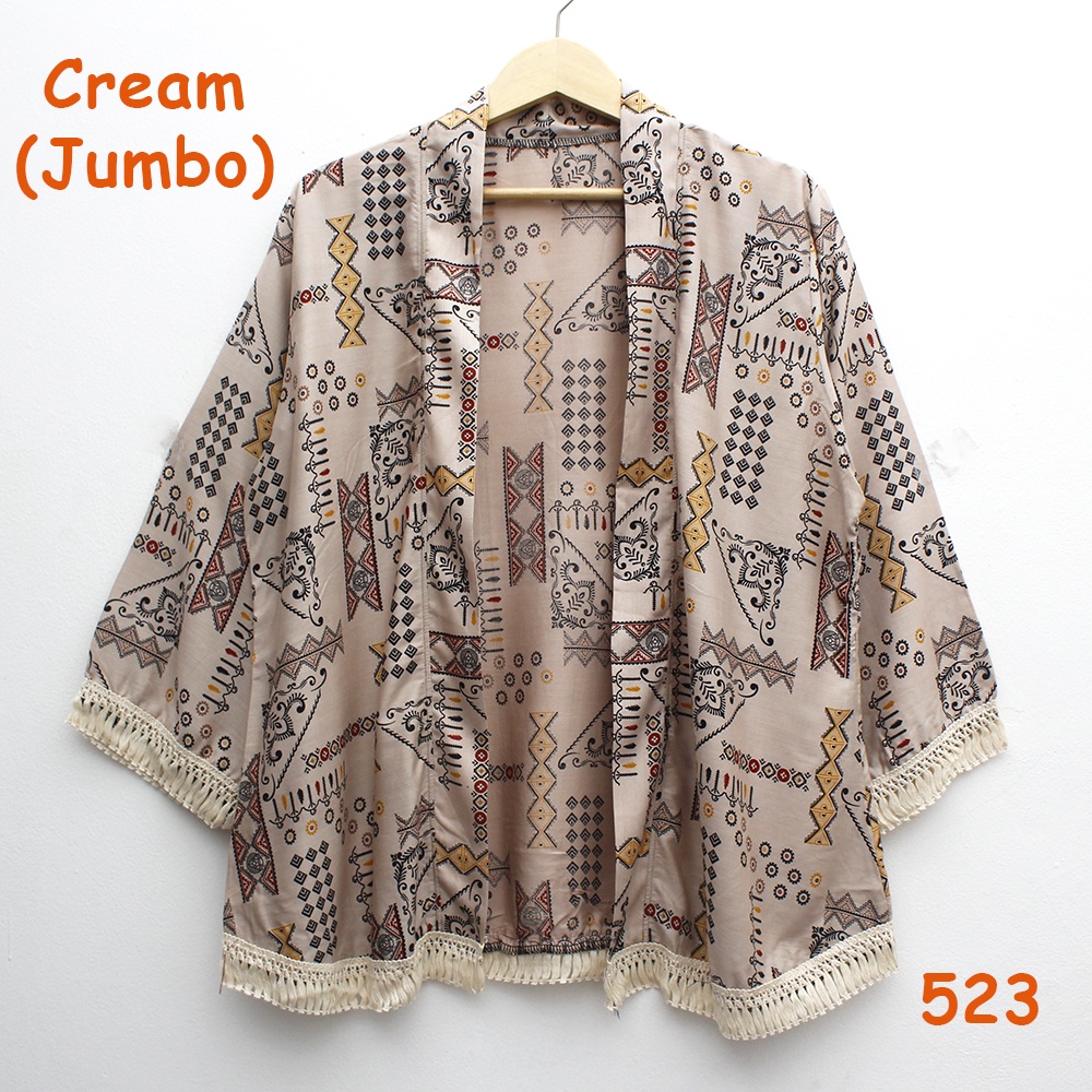 𝑱𝒂𝒌𝒂𝒓𝒕𝒂𝑭𝒂𝒔𝒉𝒊𝒐𝒏 cardigan outer batik tribal katun adem rumbai sisir keliling bohemian etnik boho styleO-523 Cream (JUMBO)