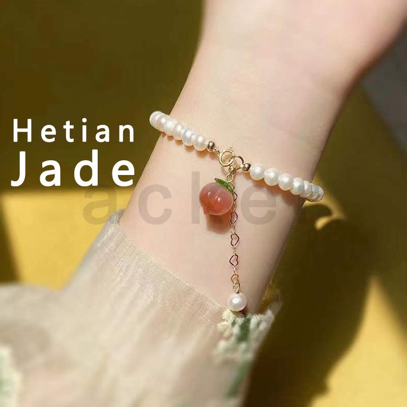 Ins Gelang Tangan Manik-Manik Batu Jade Hetian Natural Aksen Mutiara Untuk Wanita ACKER