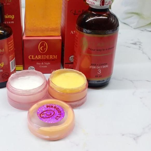 ➢ Paket Clariderm Susun 5in1 | Sabun+serum+Toner+Cream Siang+ Cream malam ✷
