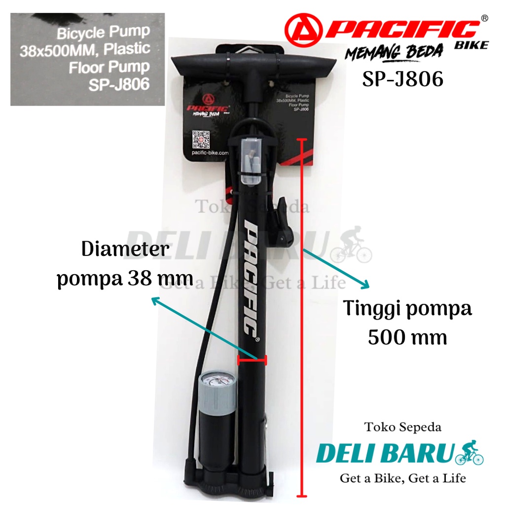 Pacific Pompa angin SP-J806 model Tabung meteran sepeda dan motor pentil AV dan FV