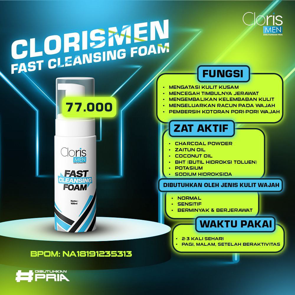 CLORISMEN SKINCARE PRIA memutihkan wajah kusam dan menyembuhkan jerawat bopeng flek hitam komedo MENCERAHKAN MENGHILANGKAN KERUTAN PORI BESAR KOMEDO  BOPENG  SPOT  MENUTRISI KULIT-fast cleansing foam