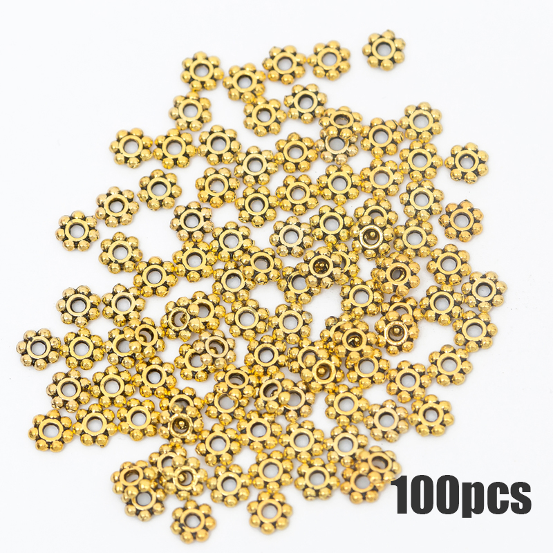 100 Pcs Manik-Manik Bunga Daisy Bahan Logam Ukuran 6mm Warna Emas Perak Untuk Membuat Perhiasan Gelang