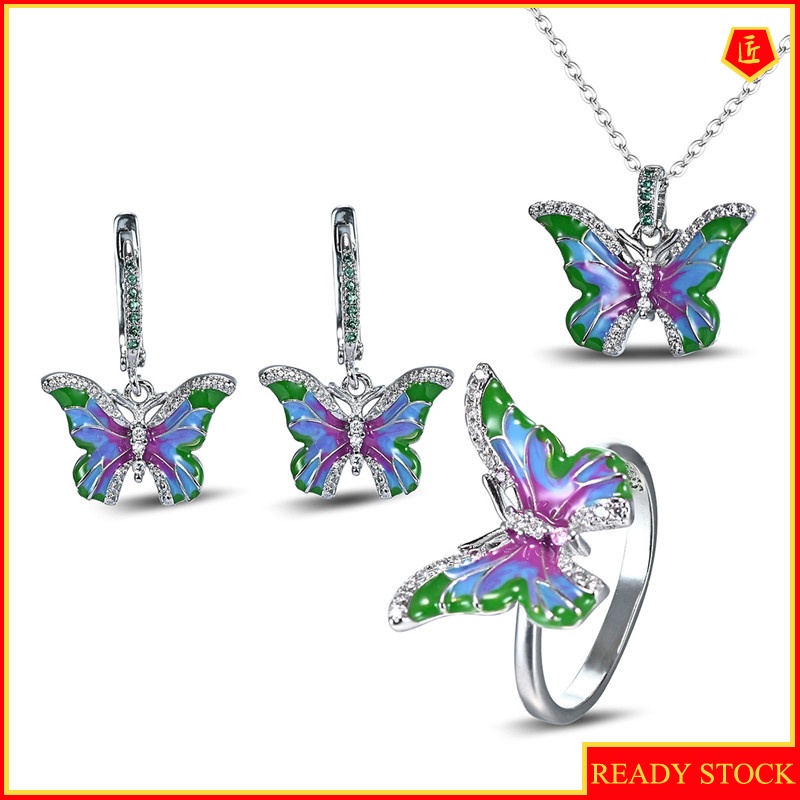 [Ready Stock]Rainbow Color Butterfly Ring Enamel Earrings Pendant Set