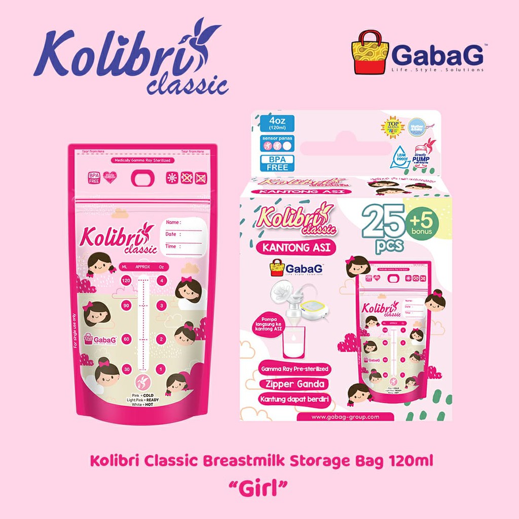 GABAG KANTONG ASI Smart 100 ml BREAST MILK Storage Blue PINK 120 ml Kolibri Classic isi 30