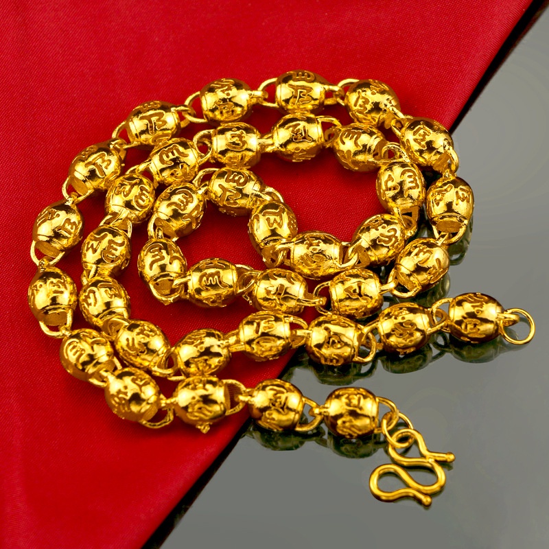 Kalung Manik-Manik Emas Emas Asli Kadar 375Desain Mantra Buddha Hollow Gaya Retro Korea Untuk Pria