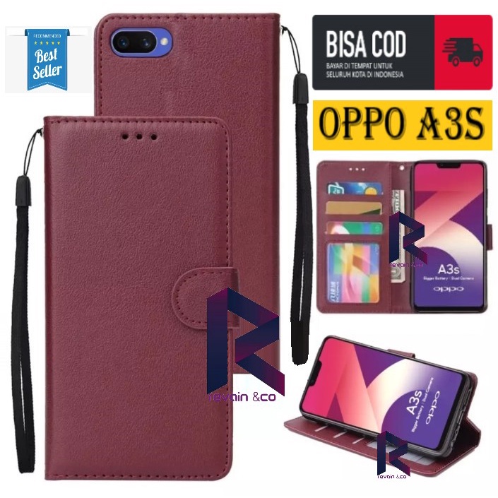 SARUNG KULIT OPPO A3S FLIP WALLET LEATHER KULIT PREMIUM SARUNG BUKA TUTUP FLIP CASE OPPO A3S