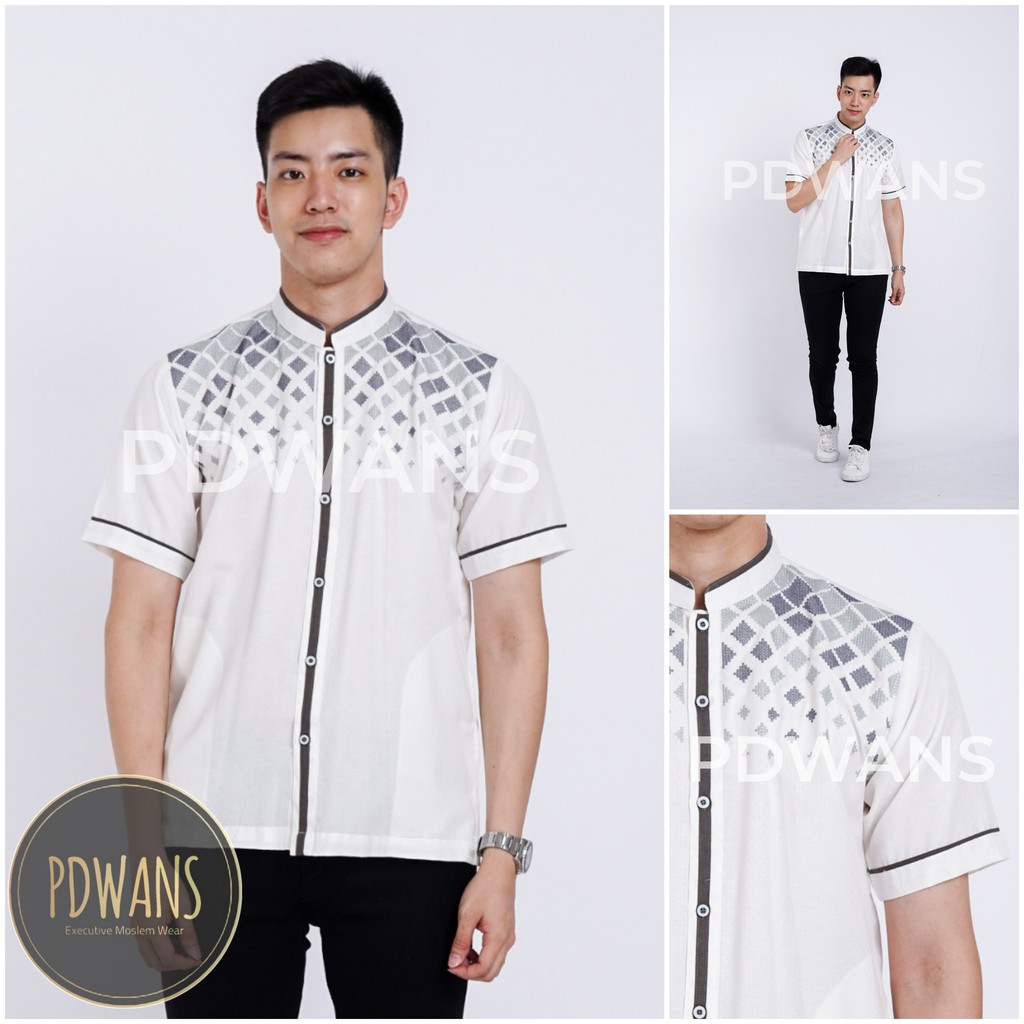 BAJU KOKO Muslim Lengan Pendek Putih Motif Bordir PDWANS - RD21