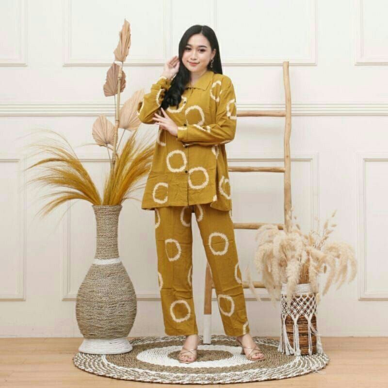 Setelan Baju Wanita Kekinian One Set Wanita Motif Ring Cincin Cplp Lengan Panjang Allsize Ld 110cm S