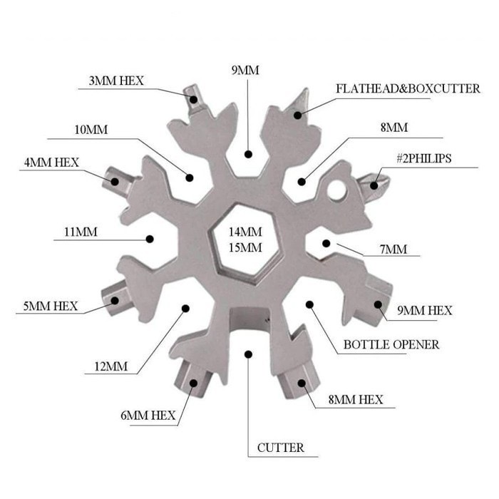 KUNCI SNOWFLAKE - Kunci Salju Multifungsi 18 in 1 Obeng Pembuka Kunci L Baut Kunci Pas Stainless Steel