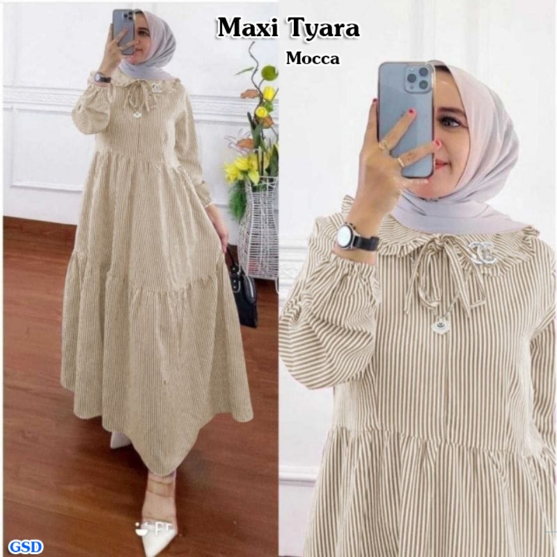 Tyara/Midi Dress Gamis Maxi Wanita Muslim Casual Busui Friendly  Motif Salur Bahan katun Import  Size L