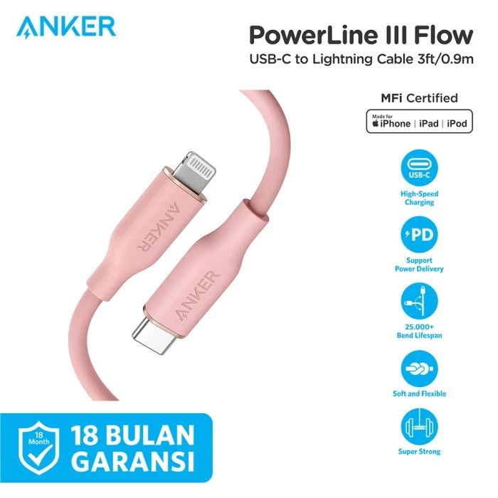 Anker PowerLine III Flow USB Type C to Lightning 3ft(0.9m) - SKU : A8662