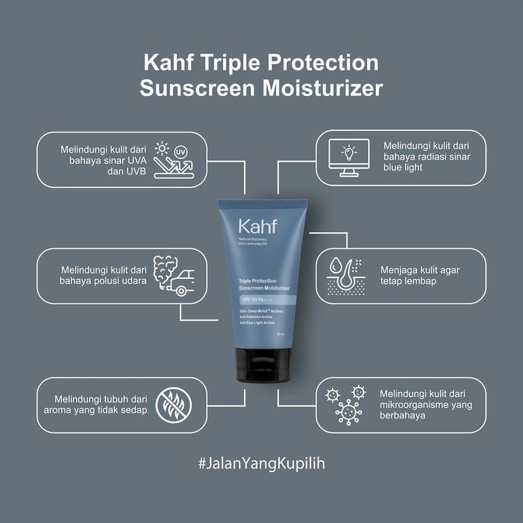 KAHF Triple Protection Sunscreen Moisturizer 30ml SPF 30 PA+++ Sunblock Sun Protection / Kahf Triple Protection Sunscreen Moisturizer SPF 30 PA+++ 30 ml - Perawatan Wajah Sunscreen Pria - skincare pria - pelembab pria - Moisturizer pria