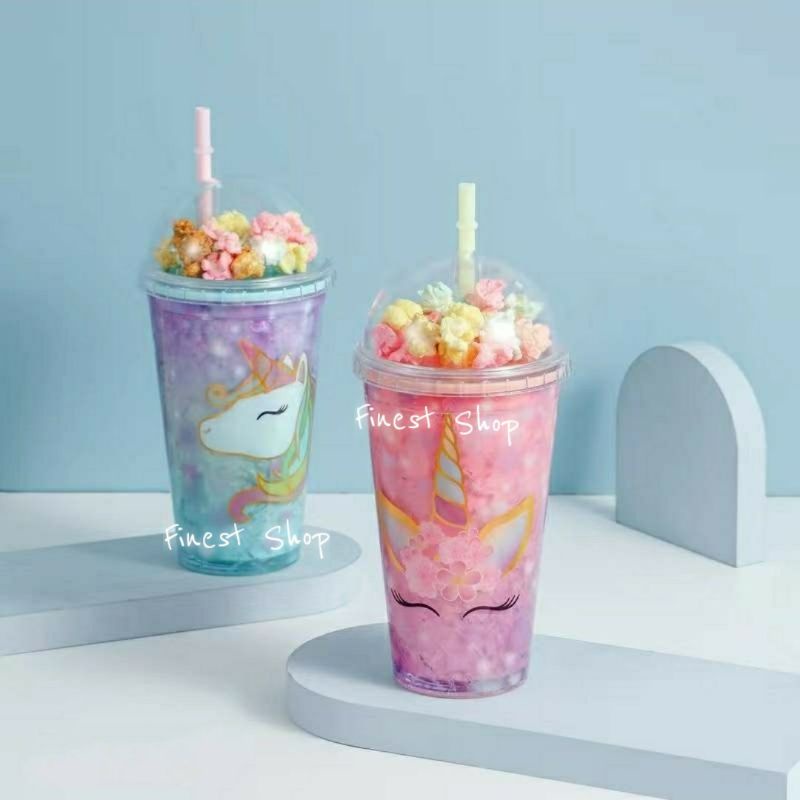 Tumbler Unicorn Gelas GLITTER Sedotan Bubble Rainbow Sparkle Blink Kristal Unik Double Wall Cup Glass Tempat Minum Hologram Design Gelas Lampu Unik Light Glass Bottle Straw Cup-2