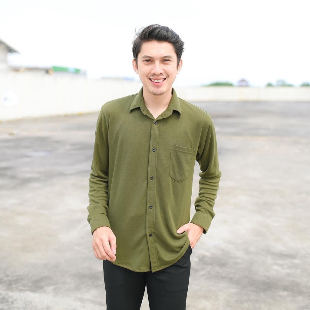 Kemeja Panjang Basic/Polos CVC Pique Army