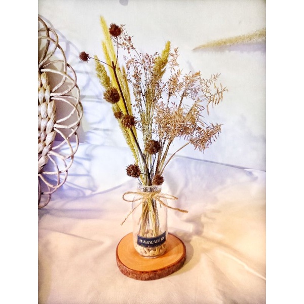 Simple Rustic Set Bunga Kering dan Vas Botol Kaca Mini / ilalang Pinus Lagurus pom pom Rayung kapas
