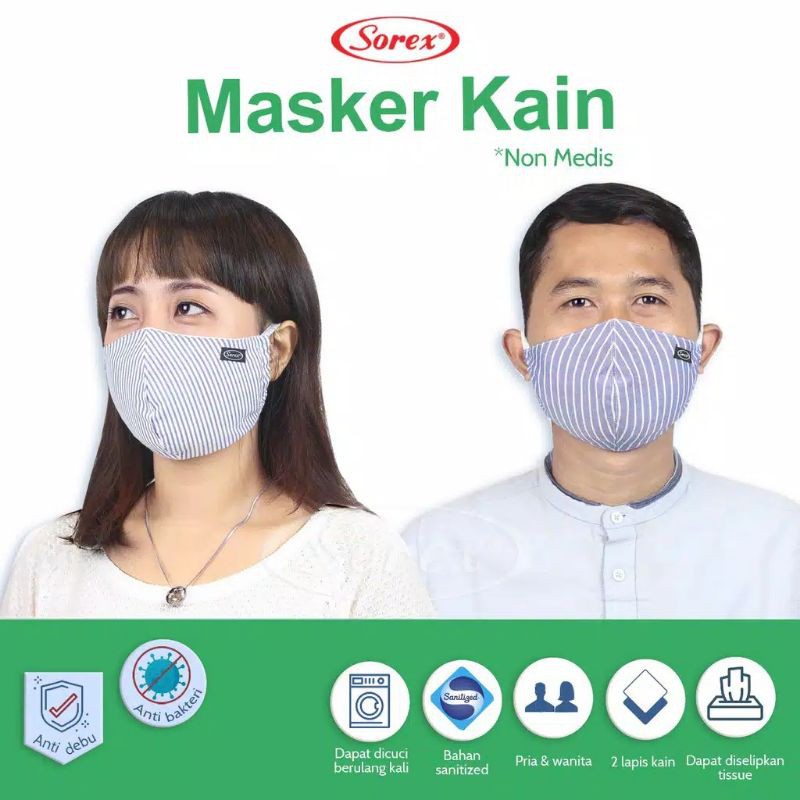 Masker Non Medis Sorex 2 Lapis Kain, Pria dan Wanita Bahan Sanitized