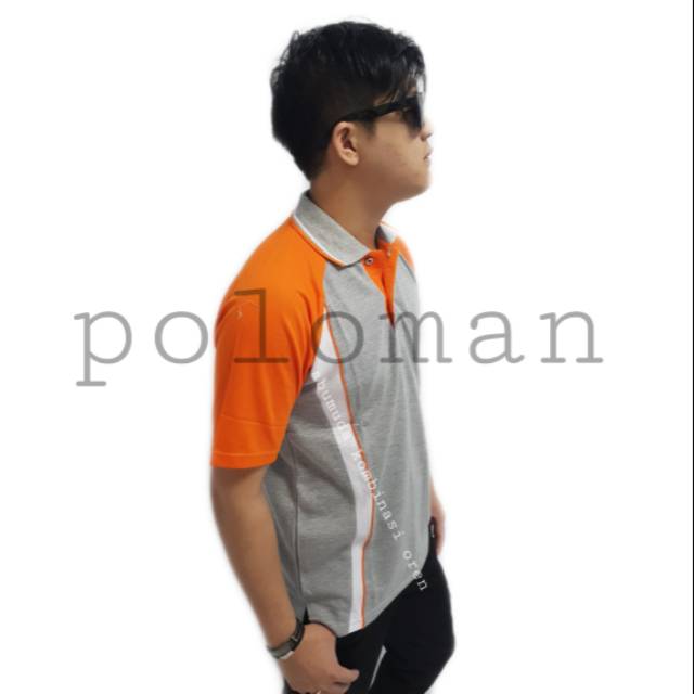 Polo tshirt abu kombinasi oren . Seragam baju kerah . Kaos kerja