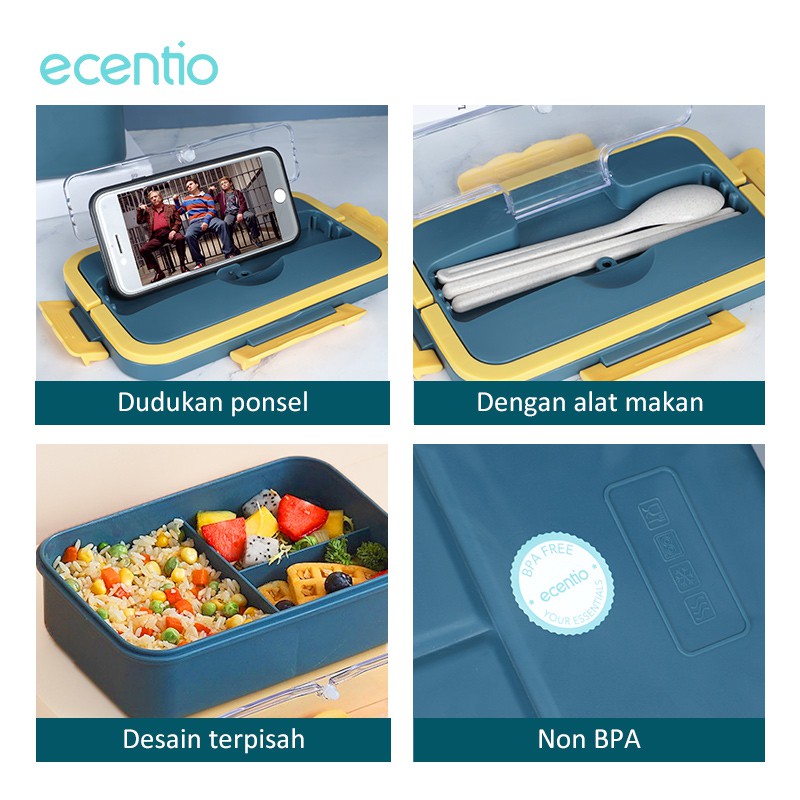 ecentio 3 Grids 1500 ml Lunch Box With Free Sendok dan Sumpit BPA Free Kotak makan portabel