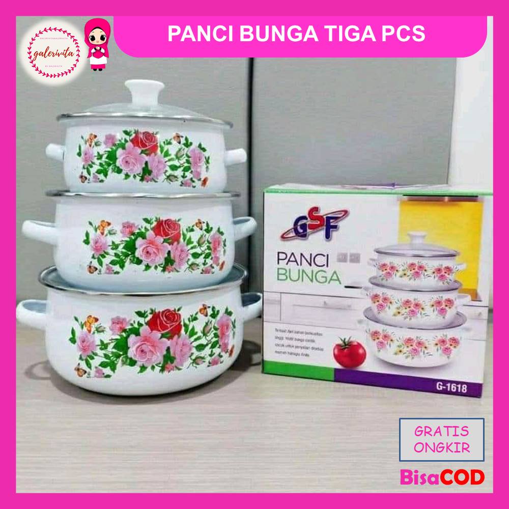 Panci Bunga Isi Tiga Pcs / Panci Set Enamel Susun / Panci Motif Corak Bunga