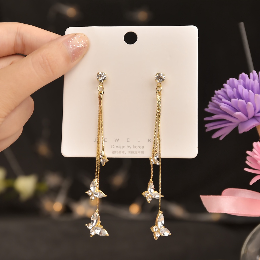 Anting Tusuk Gantung Desain Kupukupu Hias Kristal Zirconiarumbai Warna Gold Gaya Korea Untuk Wanita