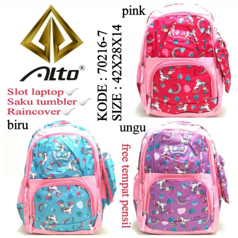 TERBARU TAS RANSEL SEKOLAH ANAK PEREMPUAN ALTO 70216-7 FREE TEMPAT PENSIL WARNA PINK BIRU UNGU ADA RAINCOVER