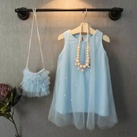 TBI Gaun Dress Princess Gatsby Blue + Sling Bag Fashion Import Anak Cute