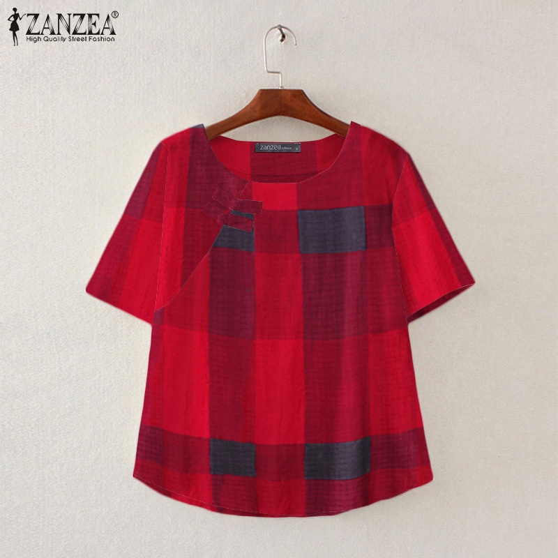 ZANZEA Womens Round Neck Check Plaid Short Sleeve Casual Loose Blouse