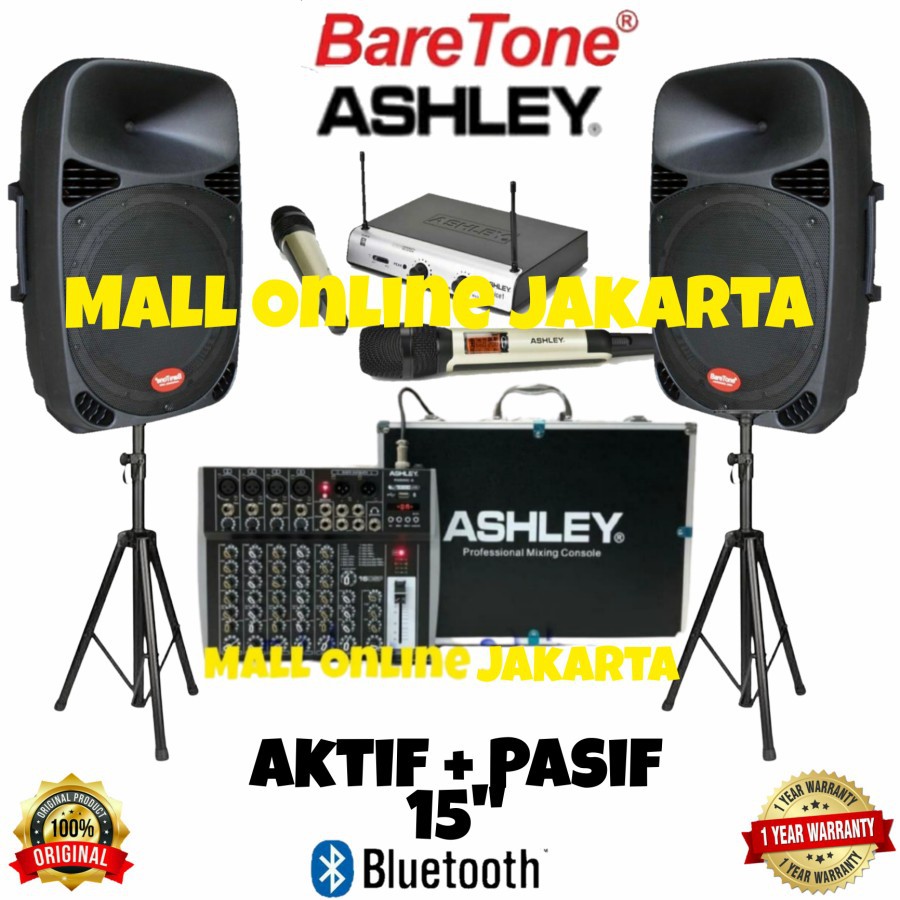 Paket Speaker aktif pasif Baretone 15 inch mic Wireless ashley Ori