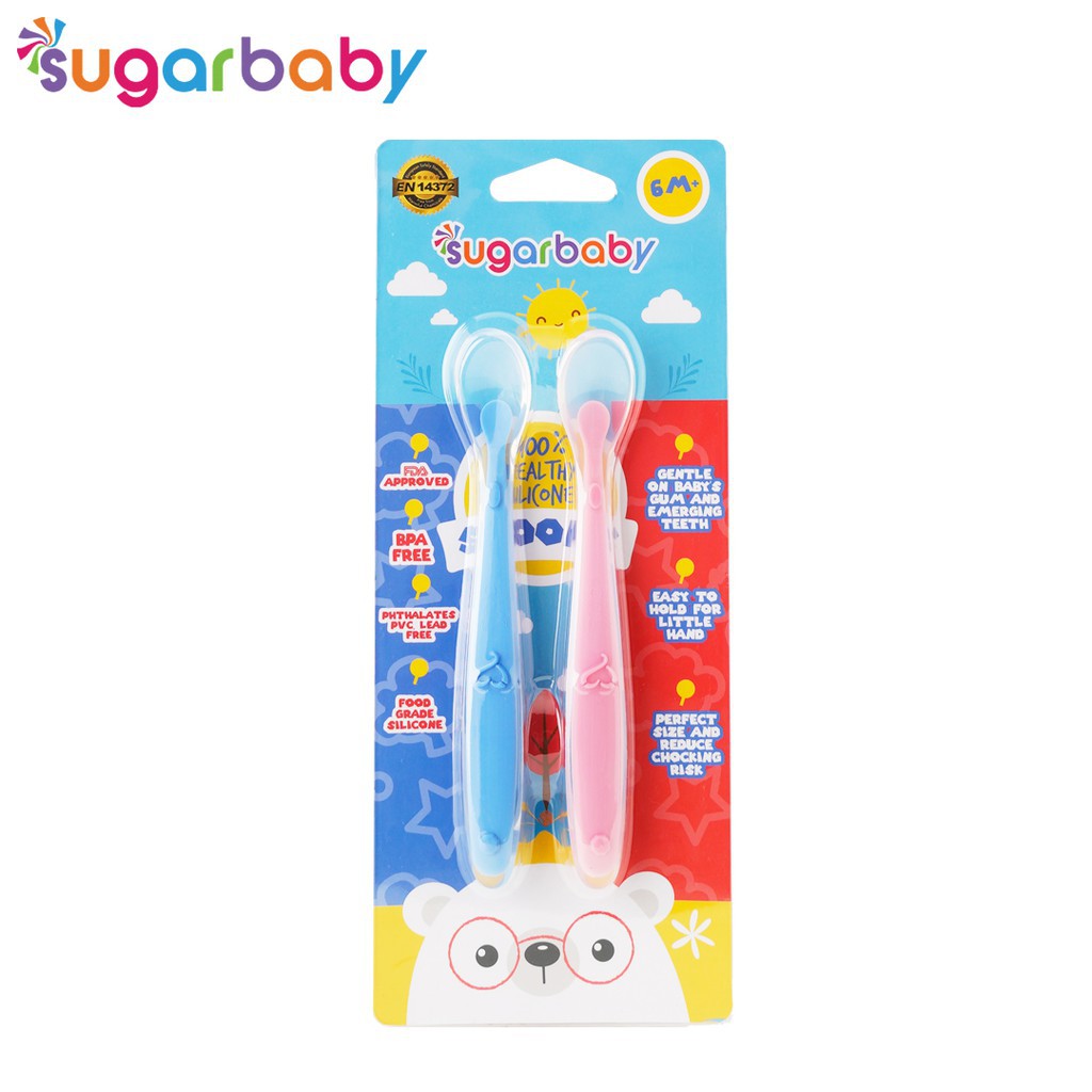 Sugar Baby Healthy Silicone Spoons 2 Set Blue Pink Sendok Makan Bayi